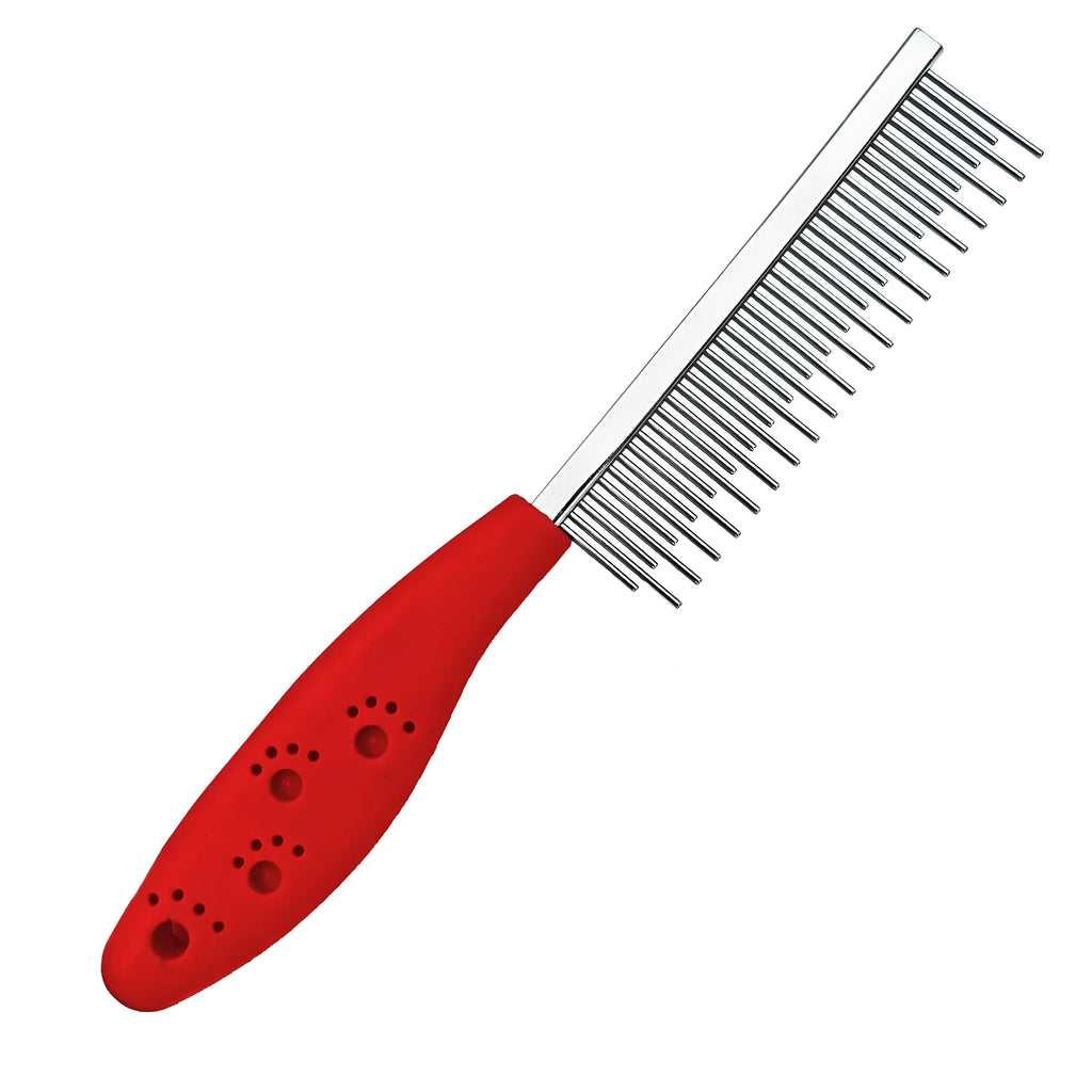 Red pet grooming comb with short and long stainless steel teeth and a plastic handle.