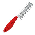 Red pet grooming comb with short and long stainless steel teeth and a plastic handle.