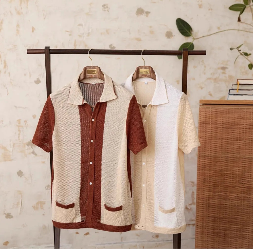 Beige short-sleeved lapel cardigan made from a thin linen and cotton knit fabric.