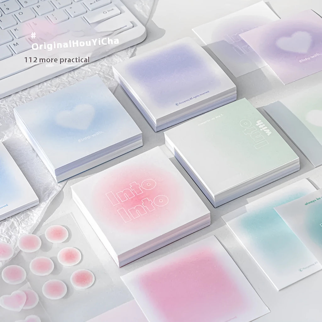 Square 70mm multifunctional notepad with gradient parchment pages and sticky notes in blush pink cover.