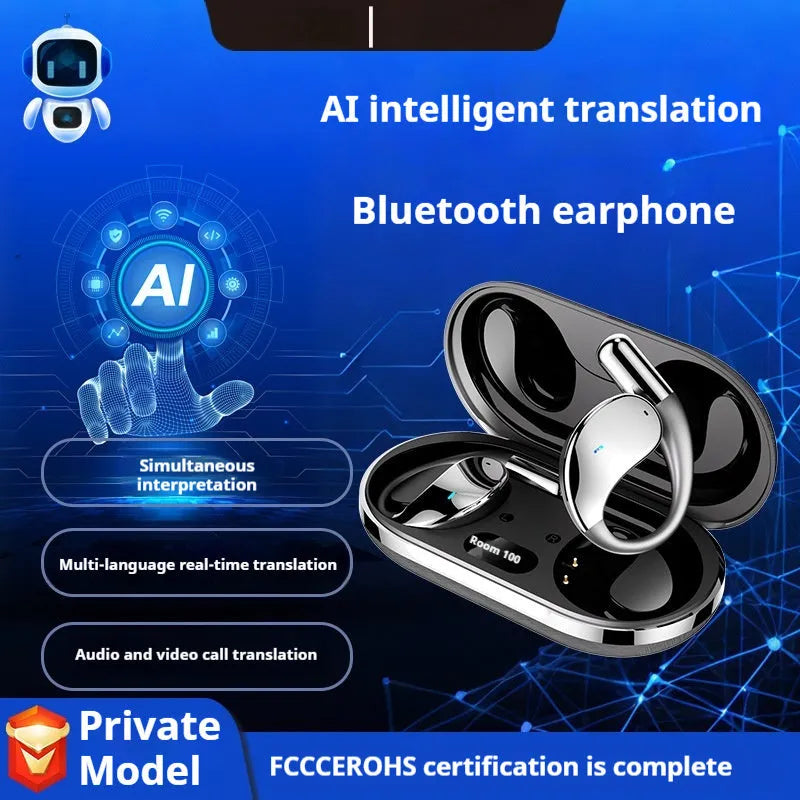 Black sports Bluetooth earphones with ear-mounted design showing digital display screen