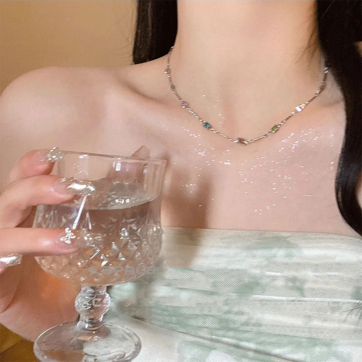Square colour geometric clavicle chain necklace with artificial crystal accents on alloy chain