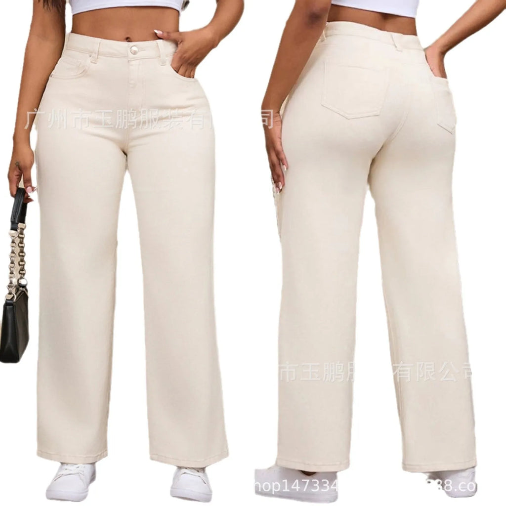 Women's high-waist wide-leg jeans in apricot colour, laid flat to show straight leg cut.