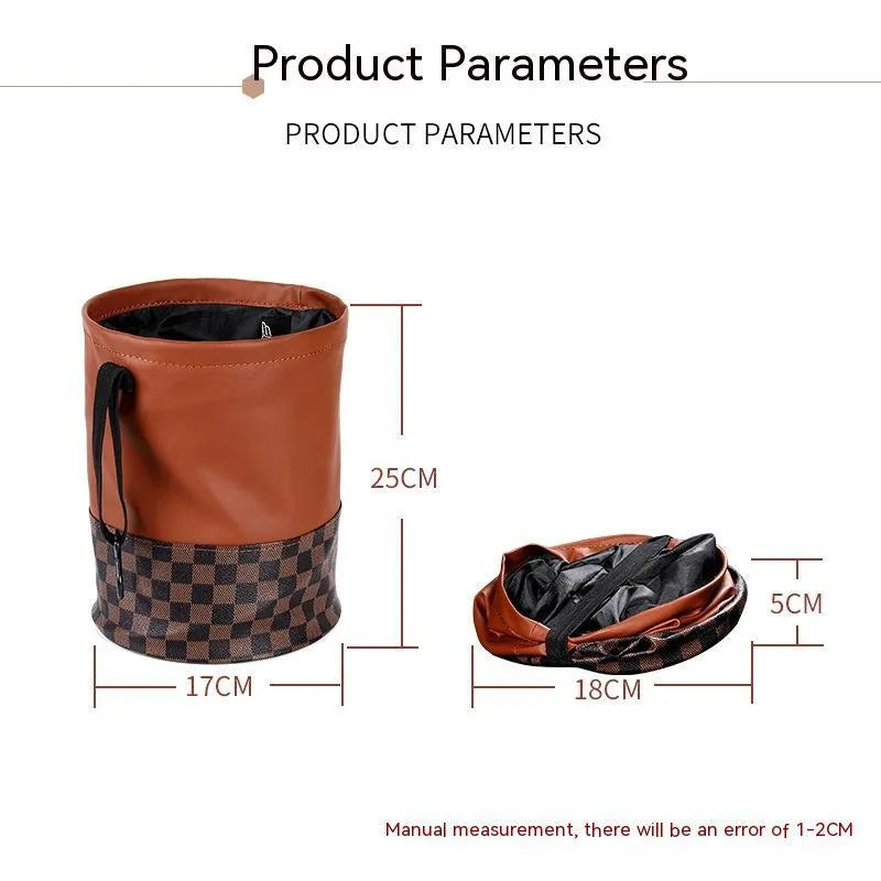 Leather retractable interior car bin with handle, shown in vehicle cabin setting