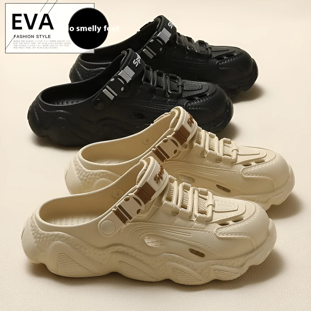 Men's khaki outdoor summer slippers with hollow-out design and EVA non-slip sole