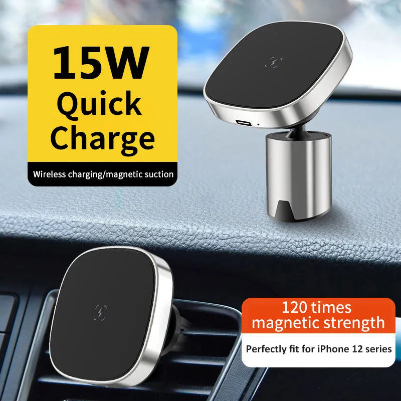 Magnetic wireless car phone holder for iPhone 12 series, Qi charging, Type-C, Grey or Silver, air vent or dashboard mount
