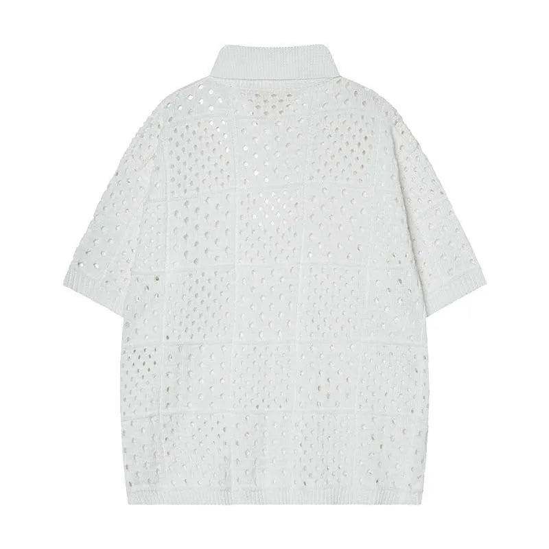 Short-sleeved hollow knit polo shirt in black or white, loose fit cardigan style for teenagers