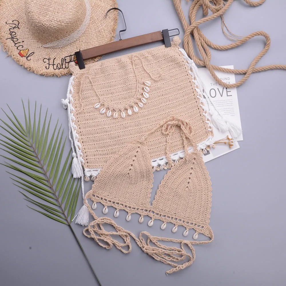 Women's handmade lace-up split swimsuit in cotton blend fabric with short skirt.