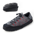 Orange foldable outdoor hiking shoe with mesh upper and side zipper, shown flat and folded.