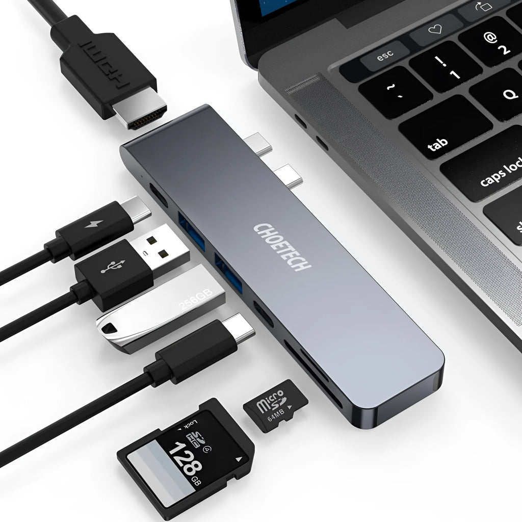 USB-C multi-port adapter with SD and Micro SD card reader slots and Thunderbolt 3 connection