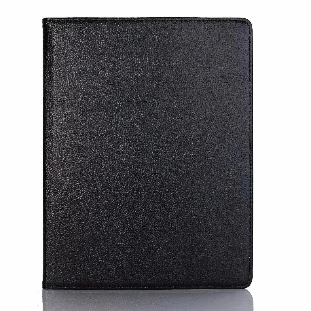 Rotating clamshell iPad protective sleeve in imitation leather, shown in rose red colour.