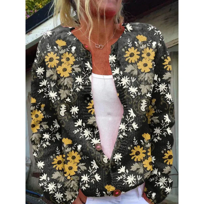 Yellow cardigan coat with a raised 3D digital print pattern on the front.