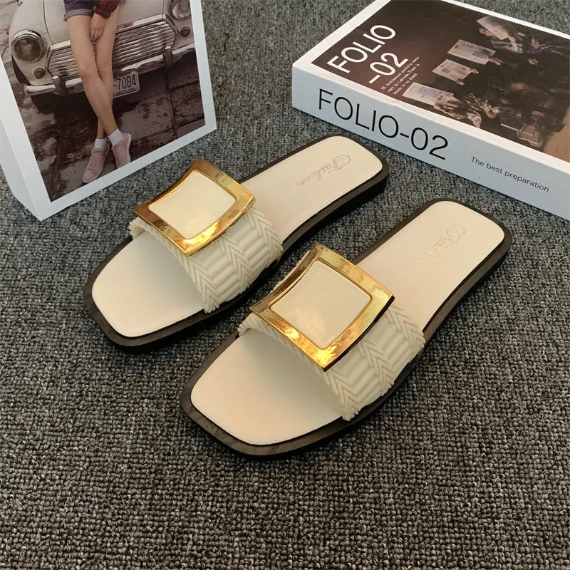 Women's flat summer slippers in apricot, black, or khaki with a lightweight PVC sole