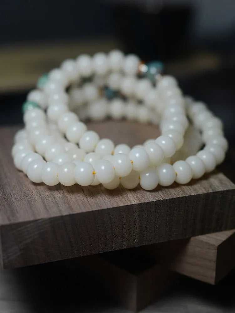 White jade and bodhi root seed bracelet with 108 beads in two sizes