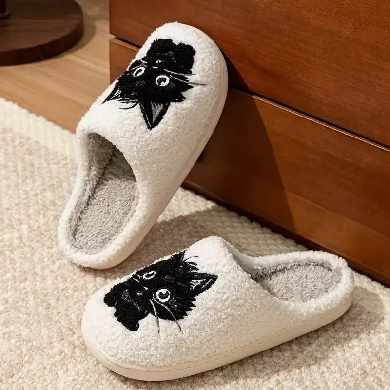 White plush slippers with Black Beard cartoon cat couple pattern and non-slip sole.