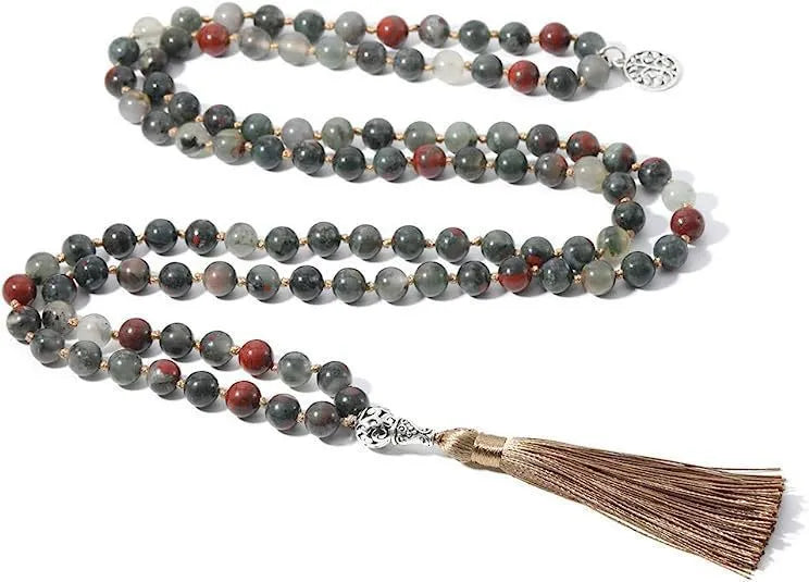 Handmade knotted beaded necklace with 108 stone beads on an 81cm chain