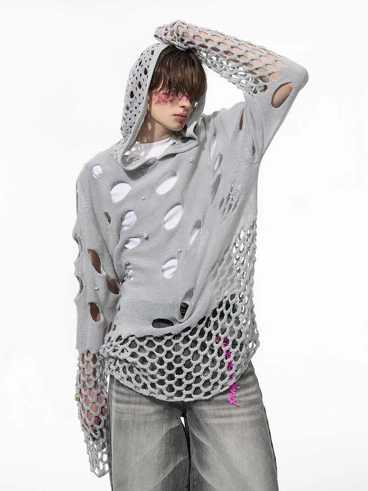 Black men's hooded sweater with pearl decorative detailing, loose fit with pullover closure