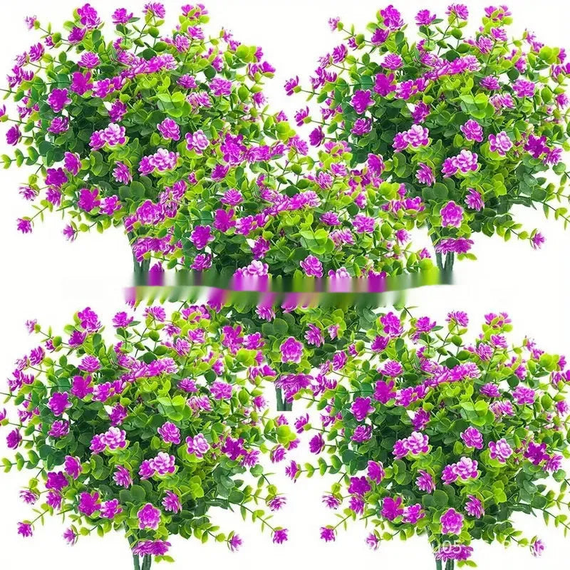 Emulational plastic artificial bouquet with eucalyptus and camellia design in mixed colours on white background