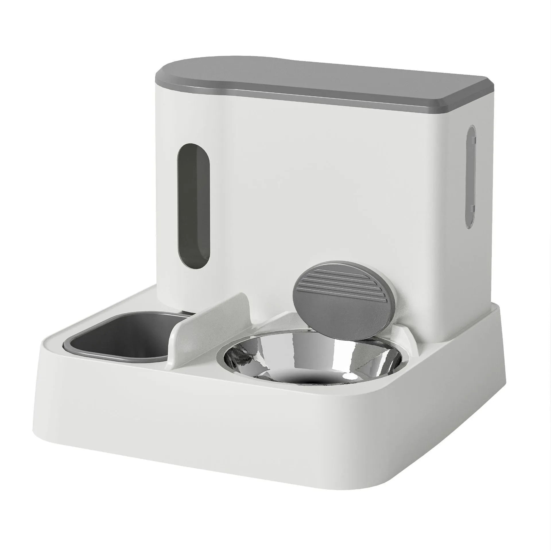 Cat automatic pet feeder water dispenser with integrated double bowl system in grey colour