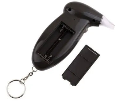 Black digital alcohol breath tester with key chain and LCD display, includes 4 nozzles, size 110x70x25 mm