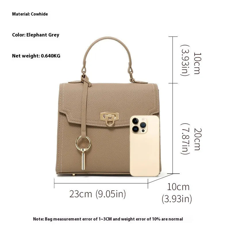 Elephant grey vintage leather handbag with litchi pattern and lock design