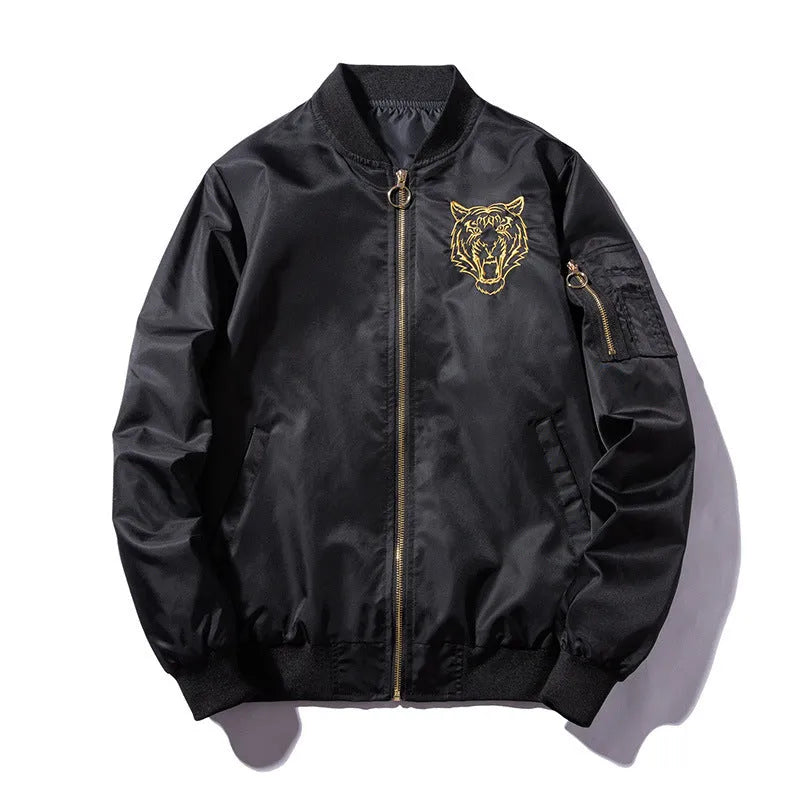 Men's black gold embroidered baseball jacket with stand-up collar, zip front, and loose fit, sizes S to 3XL.