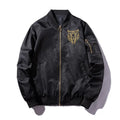 Men's black gold embroidered baseball jacket with stand-up collar, zip front, and loose fit, sizes S to 3XL.