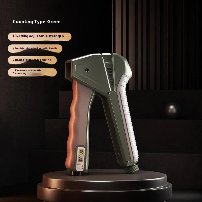 Adjustable hand gripper with mechanical counter showing resistance settings from 5 to 60kg