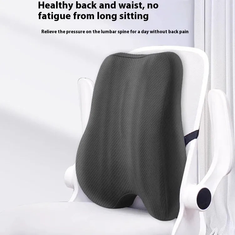 Grey lumbar support cushion for office chair, dimensions 40cm by 40cm by 8cm.