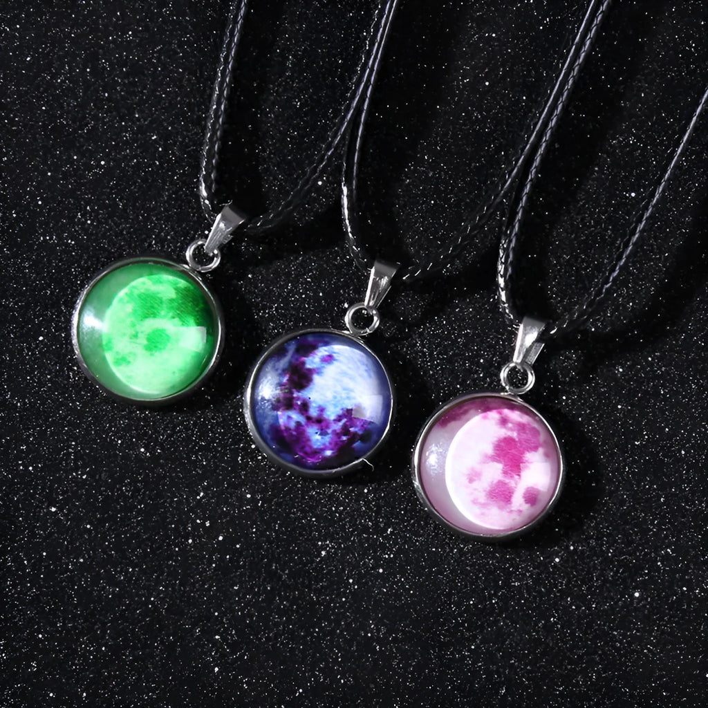 Luminous moon and night sky constellation pendant necklace on an alloy chain, simple unisex style.