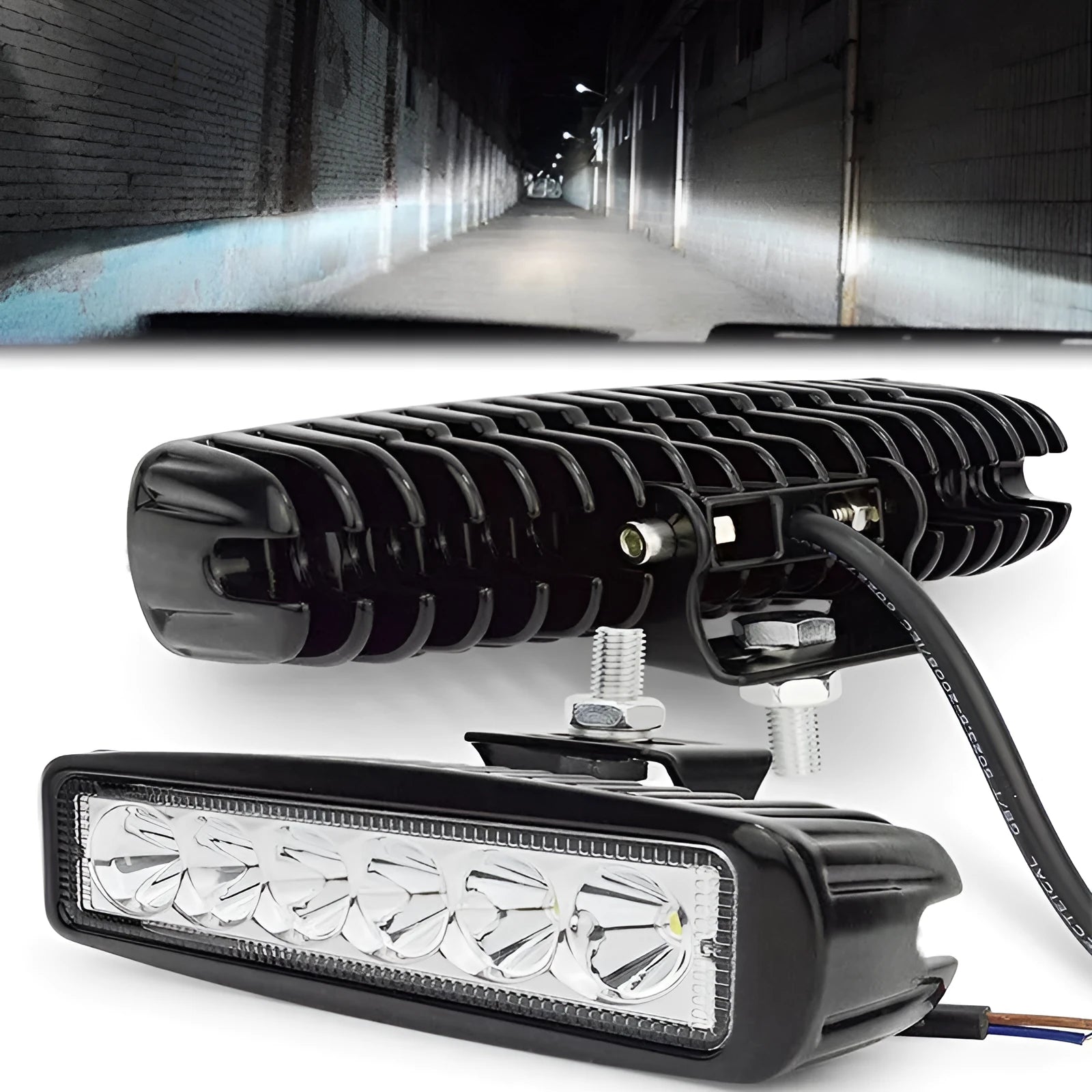 Black car auxiliary light with die-cast aluminium shell and polycarbonate cover showing six LED spotlights
