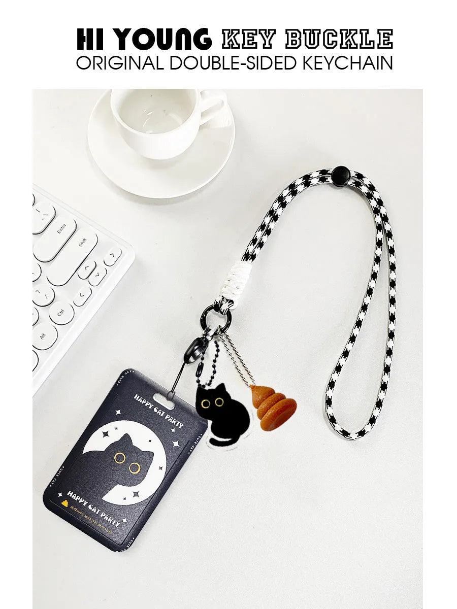 Plastic card sleeve with cartoon black cat design and attached ferrule pendant for keychain attachment