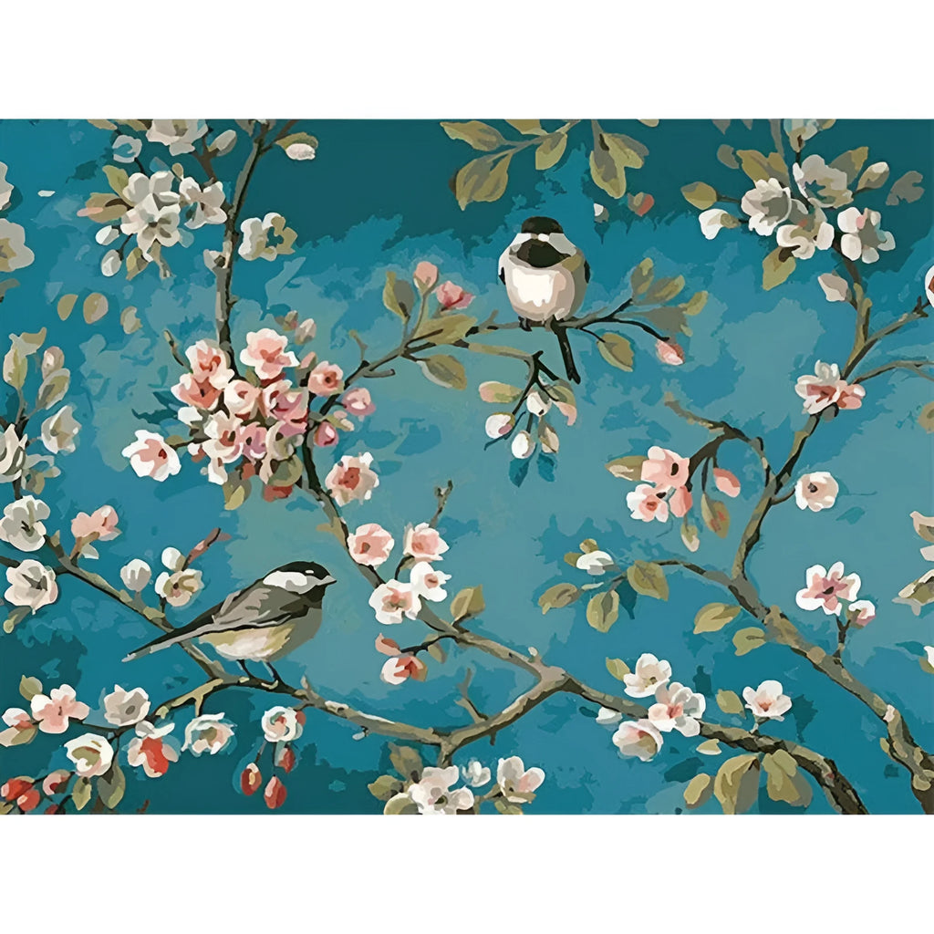 Abstract digital oil painting of blue flowers and birds on 40x50cm linen canvas