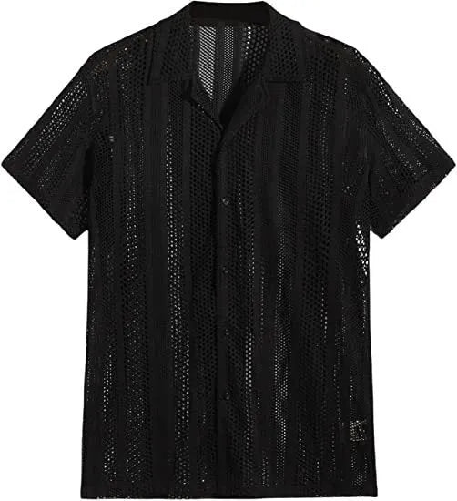 Men's short-sleeved knitted button shirt in black or white with jacquard texture and regular fit