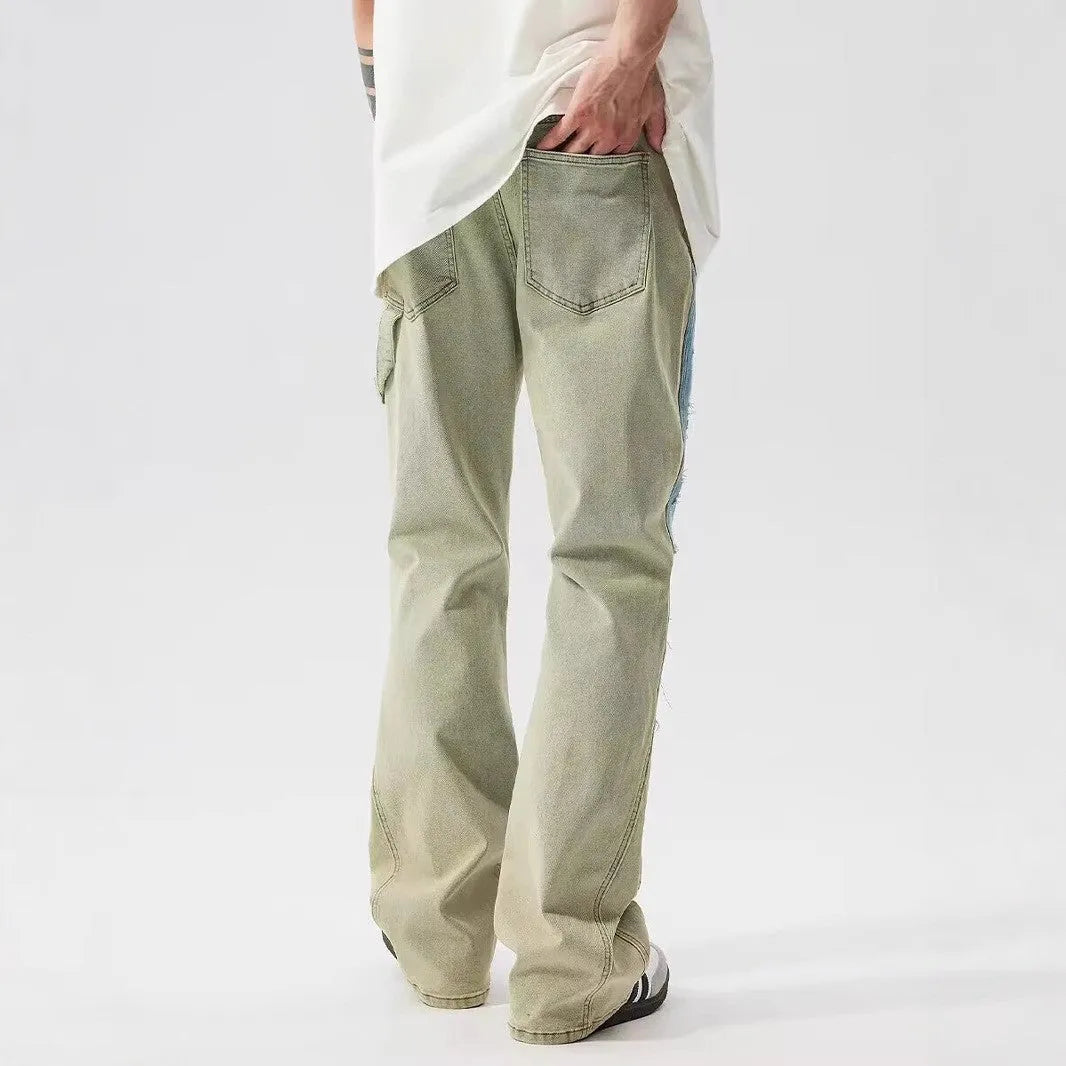 Yellow and blue retro patchwork splash-ink damaged design jeans with mid waist and zip fly