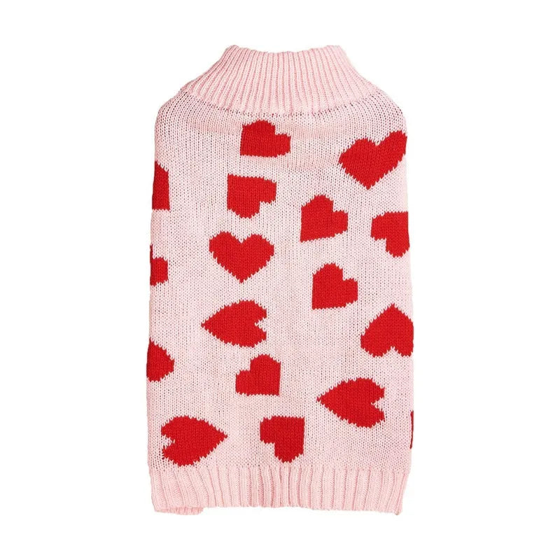 Red and pink dog sweater with love heart and bow designs in acrylic knit for small to medium dogs