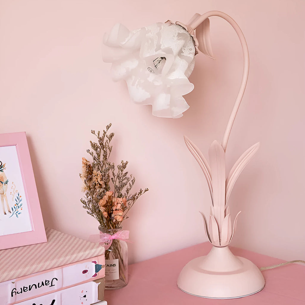Pink flower princess desk lamp, 52cm high, glass shade, ceramic flowers, iron body, European style