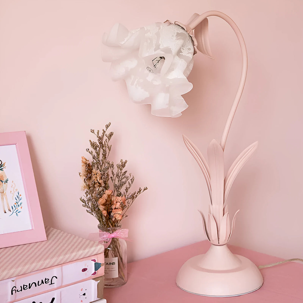 Pink flower princess desk lamp, 52cm high, glass shade, ceramic flowers, iron body, European style