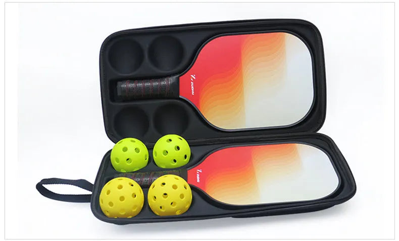 Black hard-shell EVA pickleball racket bag with double shoulder straps, shown holding one paddle and four balls.