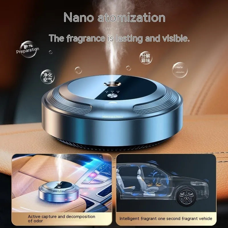 Silver automatic car air freshener diffuser with zinc alloy metal shell on anti-slip pad.