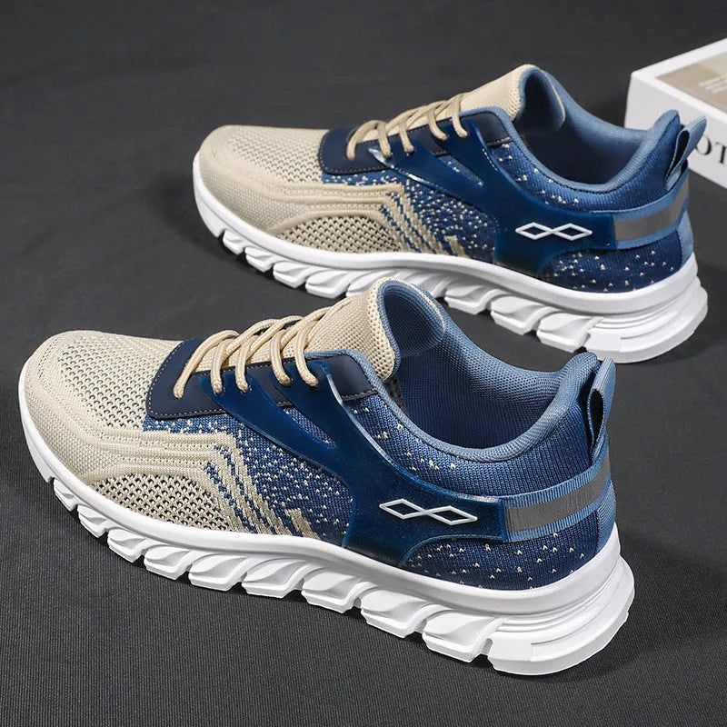 Men's breathable soft bottom sneakers in beige blue with striped polyester fibre upper, flat heel and round toe