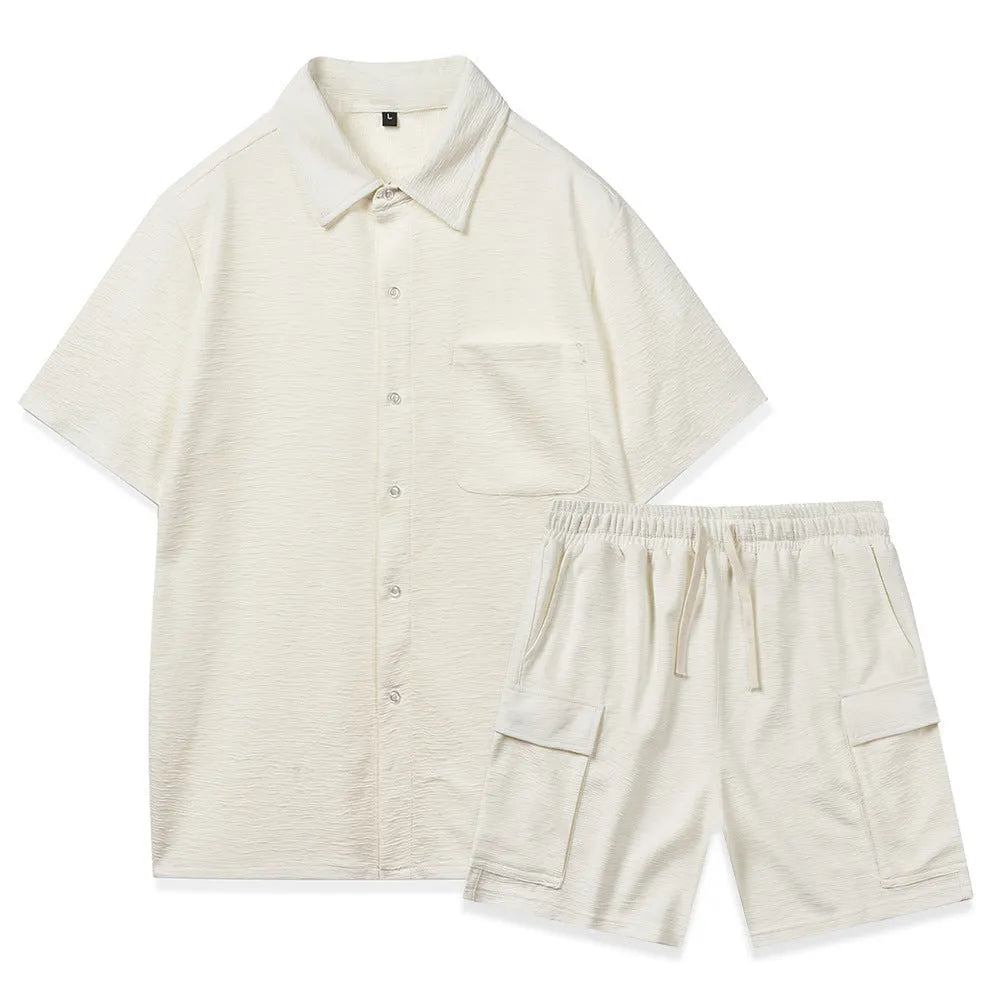 Young adult polyester two-piece clothing set with short sleeve top and elastic waist shorts in beige colour