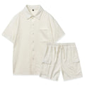 Young adult polyester two-piece clothing set with short sleeve top and elastic waist shorts in beige colour