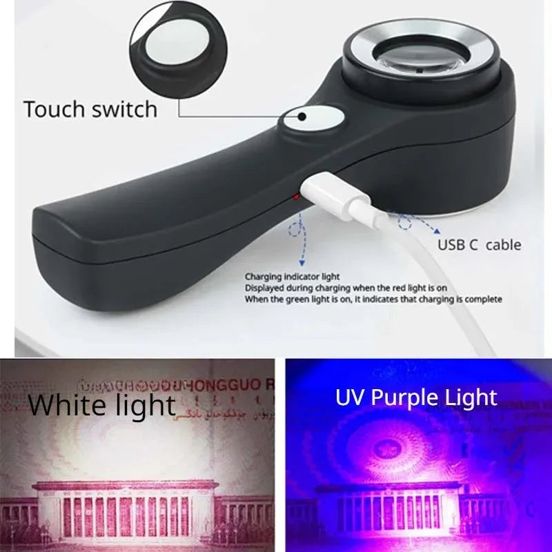 Black and silver USB-C rechargeable magnifying glass for jewellery and collectable appraisal.