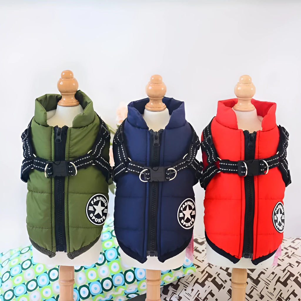 Waterproof dog coat with integrated harness in rain silk fabric, available in multiple colours and sizes