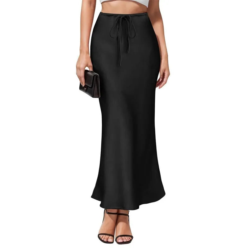 Asymmetric high-waisted acetate satin skirt in a solid colour with irregular stitching detail