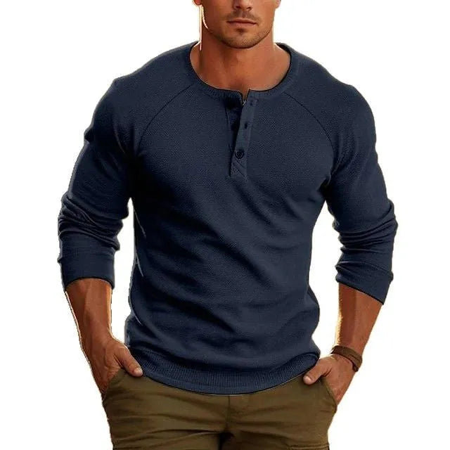 Men's white cotton blend Henry collar long-sleeved t-shirt on hanger