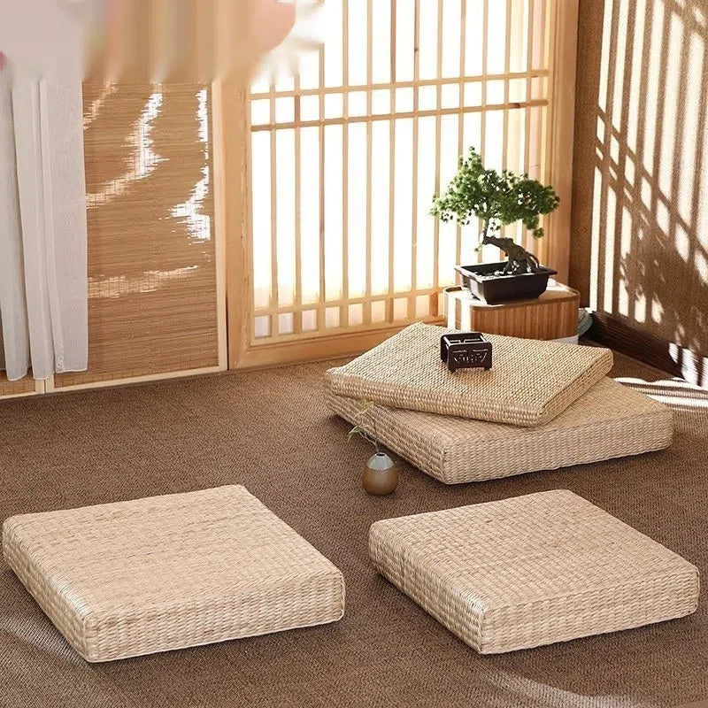 Natural rush square futon sofa cushion with hard rubber-plastic core in 40cm, 45cm or 50cm size