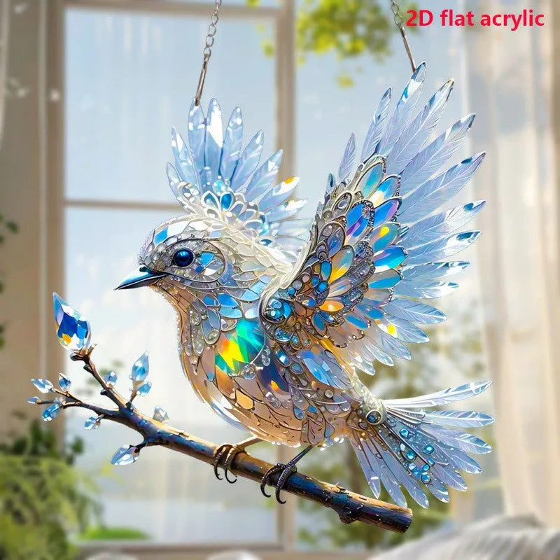 Acrylic bird pendant holiday decoration with UV printed cartoon design on transparent background