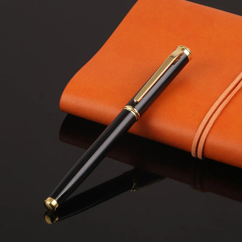 Black and red metal fountain pen with a visible 0.5mm fine nib, presented for business and office use.
